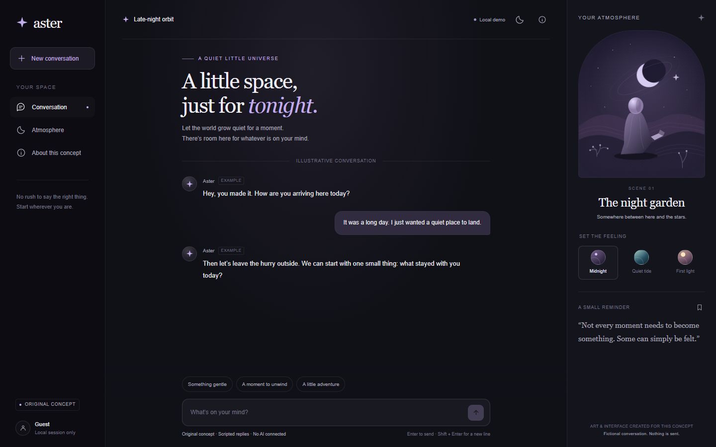 Aster desktop interface with left navigation, a central conversation and a violet illustrated scene panel