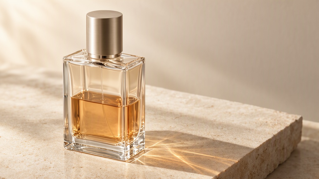 Unbranded glass fragrance bottle with amber liquid on pale limestone, warm side lighting and open space on the right